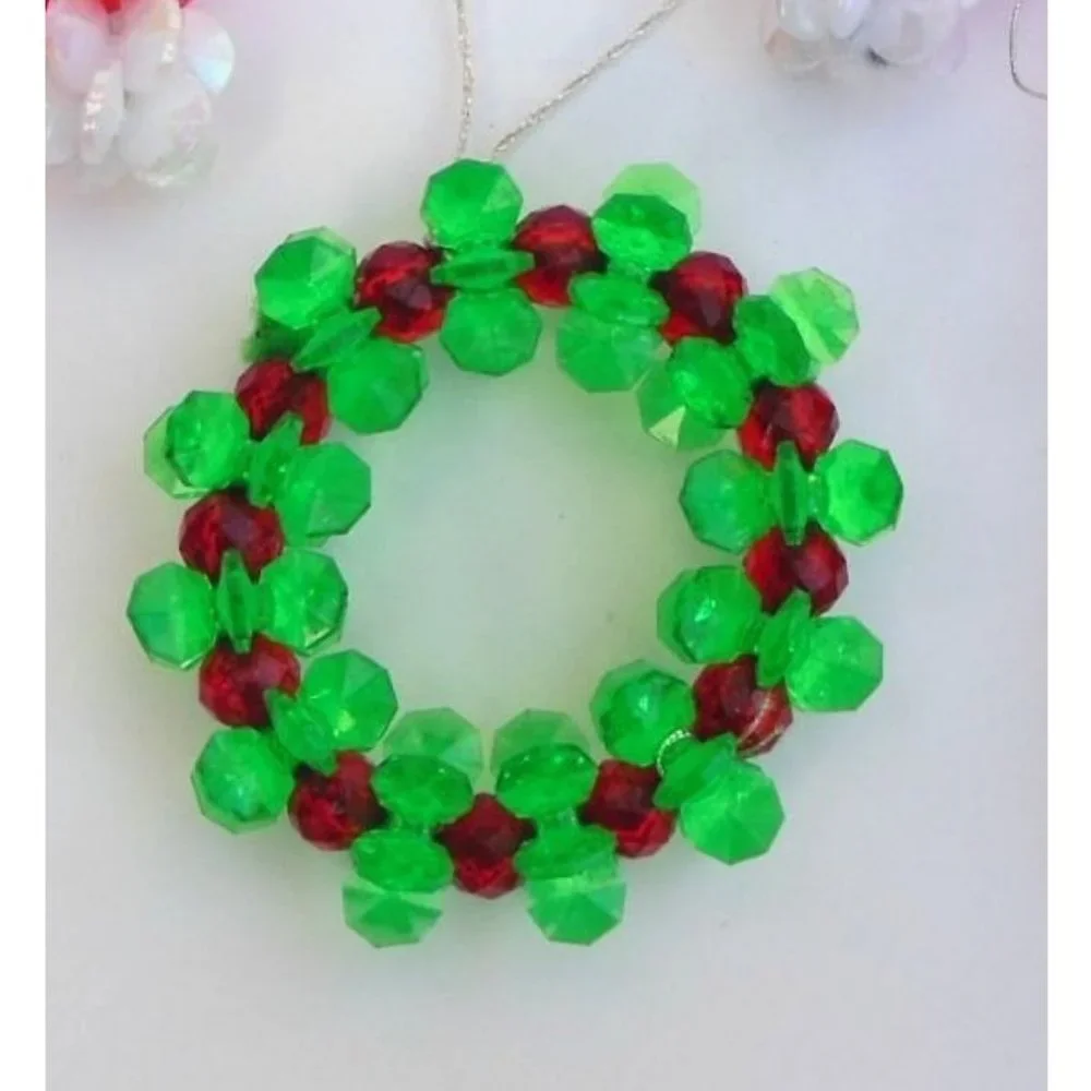Lot of 4 Handmade Plastic Bead Christmas Ornaments Wreath Candy Canes 1970s