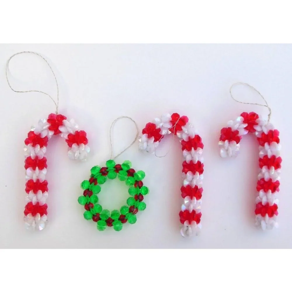 Lot of 4 Handmade Plastic Bead Christmas Ornaments Wreath Candy Canes 1970s