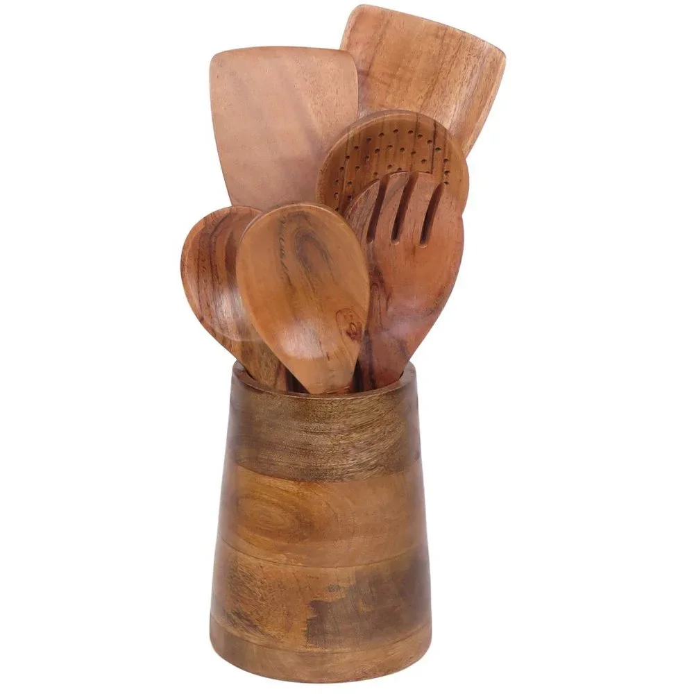Oussum Cooking Kitchen Utensils Wood 6 Spoons Set Acacia Wooden Spoons & Holder
