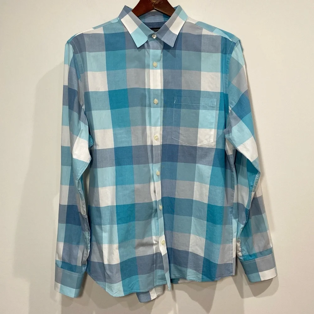 Banana Republic Men's Blue Plaid Button Down Soft Wash Slim Fit Size Large
