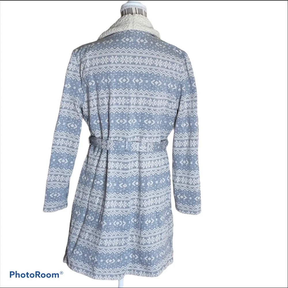 TALBOTS Snowflake Robe Sherpa Edging Wrap Belted Blue Size L