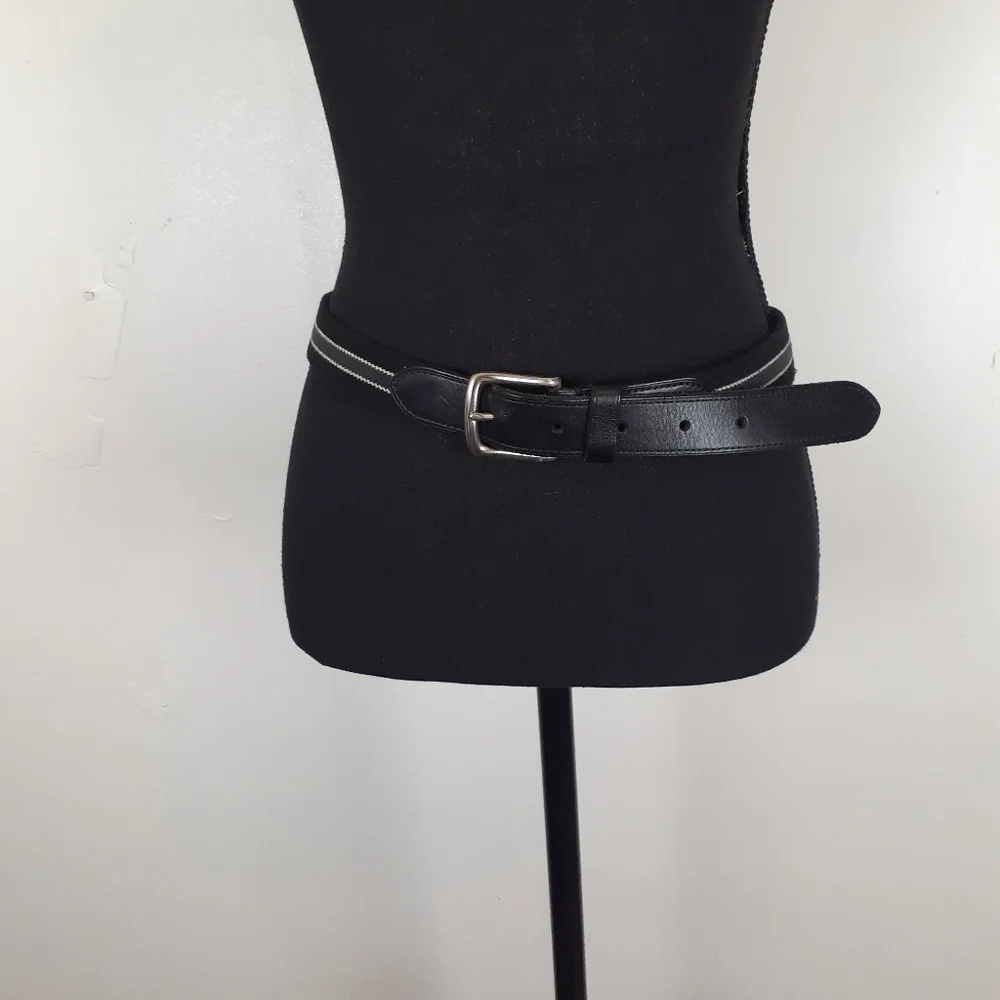 Black Gray White Striped Leather Fabric Belt
