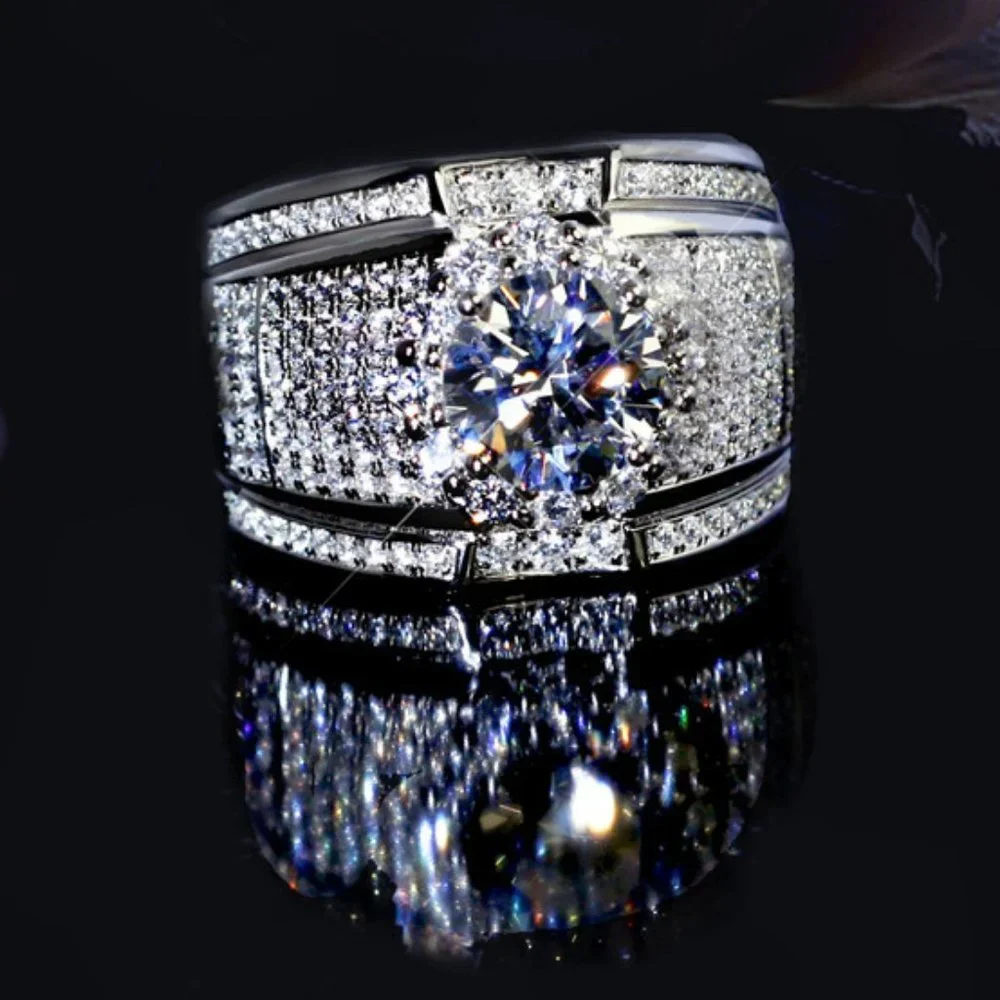 NEW Silver Round Halo Diamond Wide Wedding Band Ring