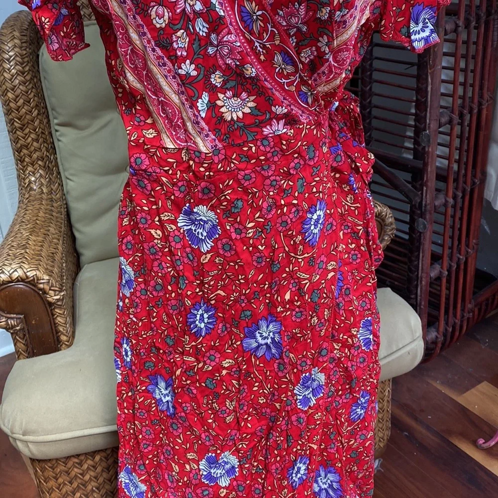 Beautiful front wrap red maxi dress purple flowers Size S