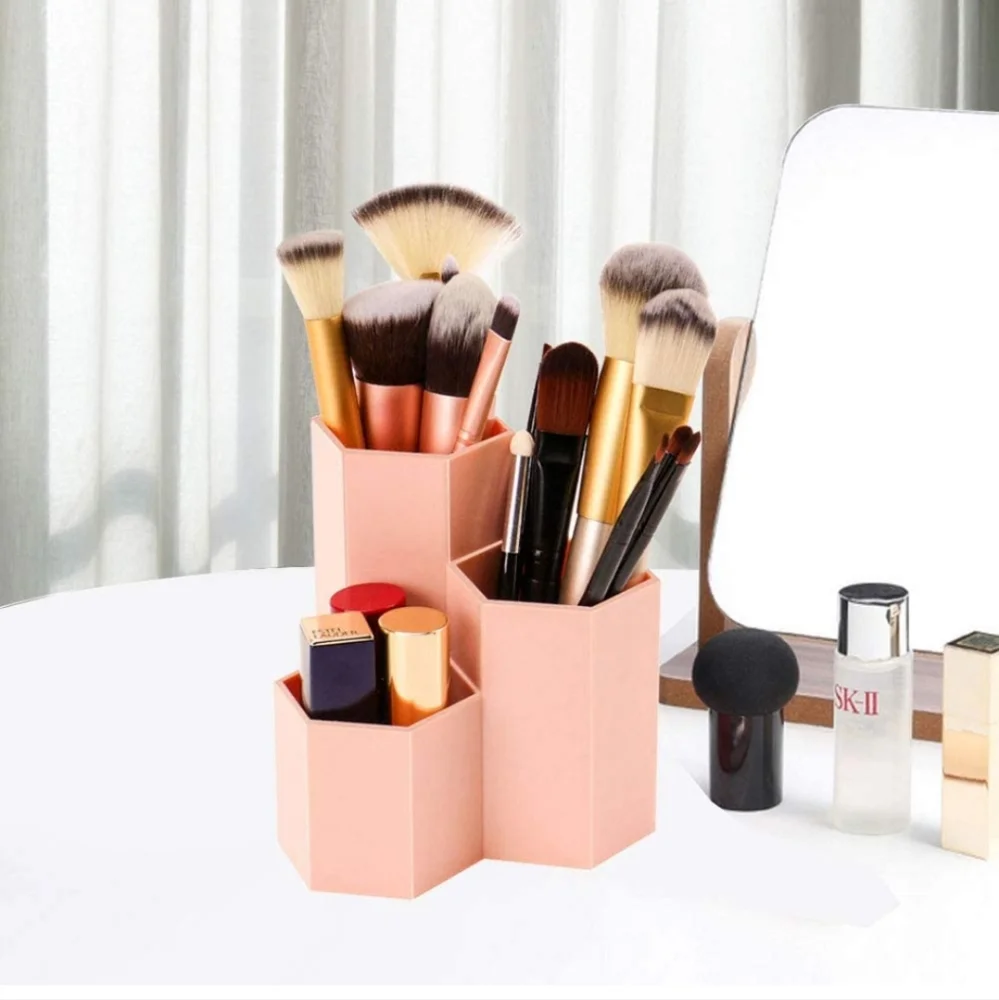 Weiai Makeup Brush Holder Organizer, 3 Slots Peach Pink Cosmetic Brushes Storage
