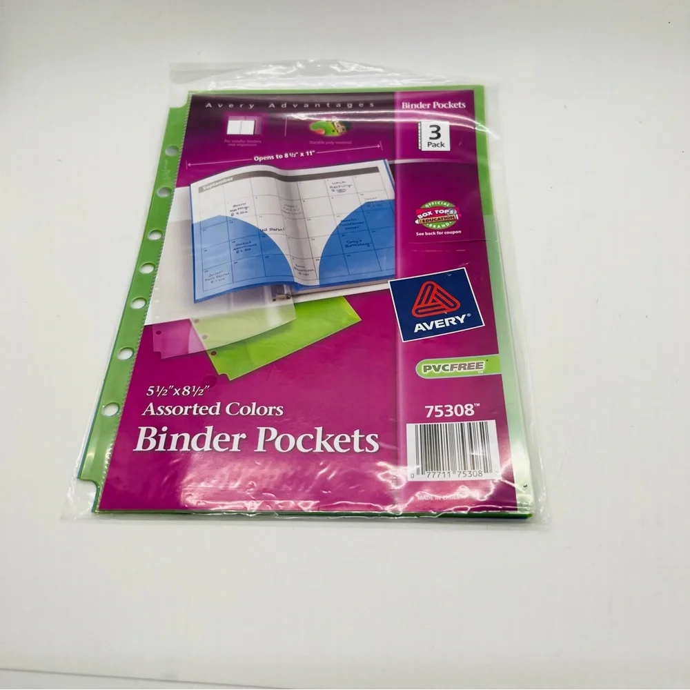 NWT AVERY® FOLD-OUT BINDER POCKETS, 5-1/2 X 8-1/2, ASSORTED, 3/PACK