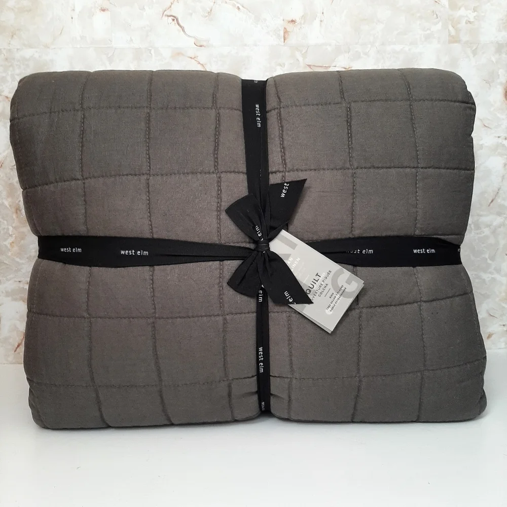 West Elm Belgian Flax Linen Frayed Edge King Quilt Slate