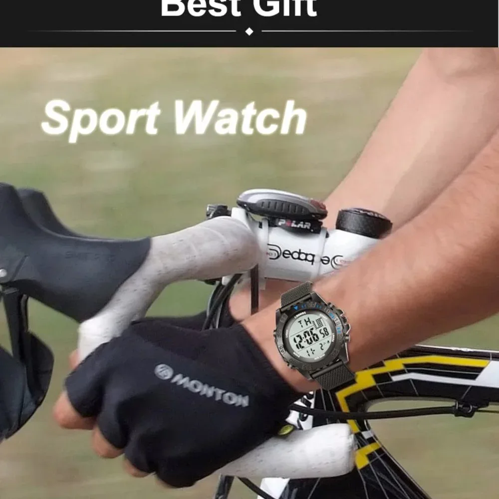 Men's Sports Digital Watch, Water Resist, Calendar, Alarm, Stopwatch Light Black