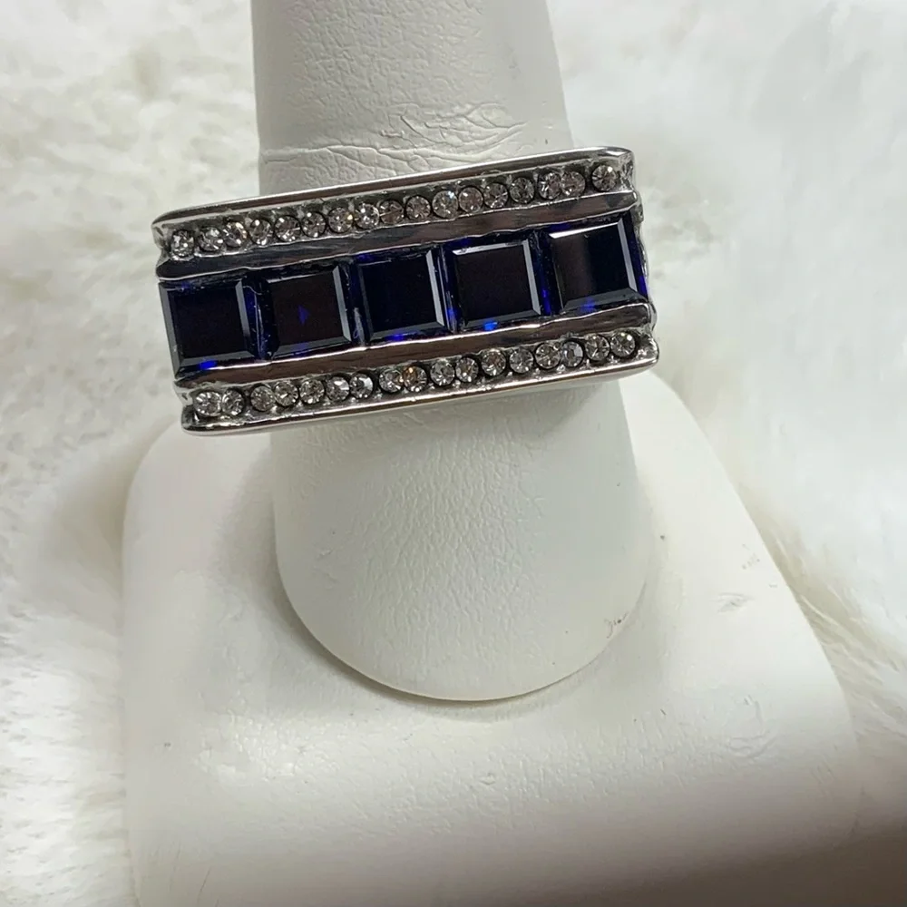Lab Created Blue Sapphire and White Austrian Crystal Ring Sz 10