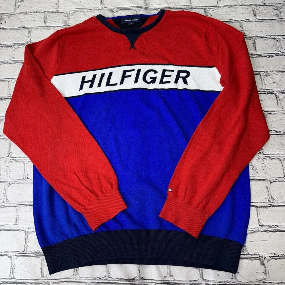 TOMMY HILFIGER - Red/White/Blue Digital Spell Out High Quality Sweater Mens XXL