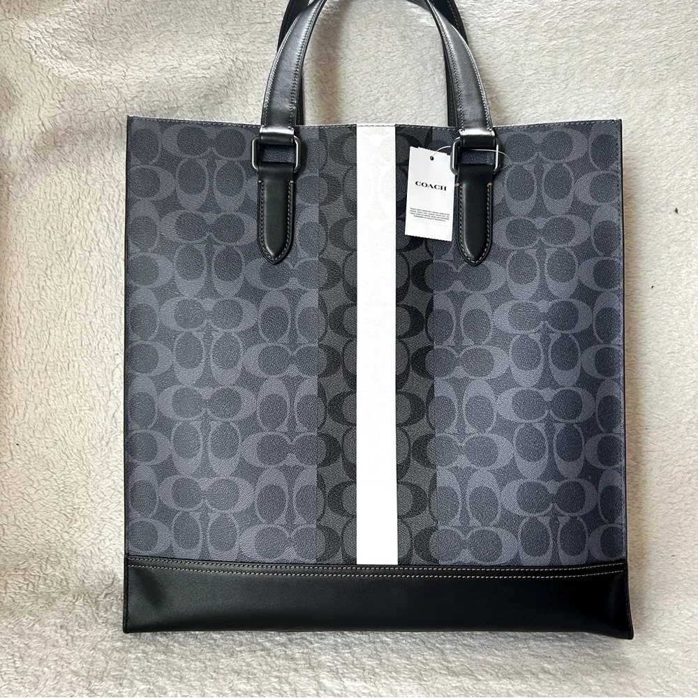 NWT COACH Men’s Signature Web Tall Tote Bag Black & Gray