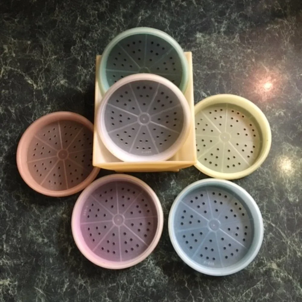 VTG 70's Pastel Plastic Tupperware Drink Coasters Set of 6 w/Cradle