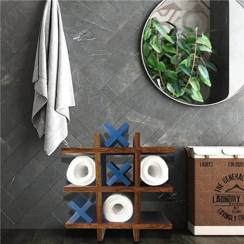 Pine Wood Tic-Tac-Toe Toilet Paper Holder Stand for Bathroom