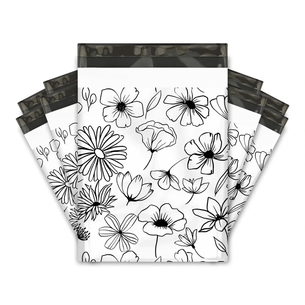 Black & White Sketched Floral Poly Mailer’s 10x13 Pack of 25