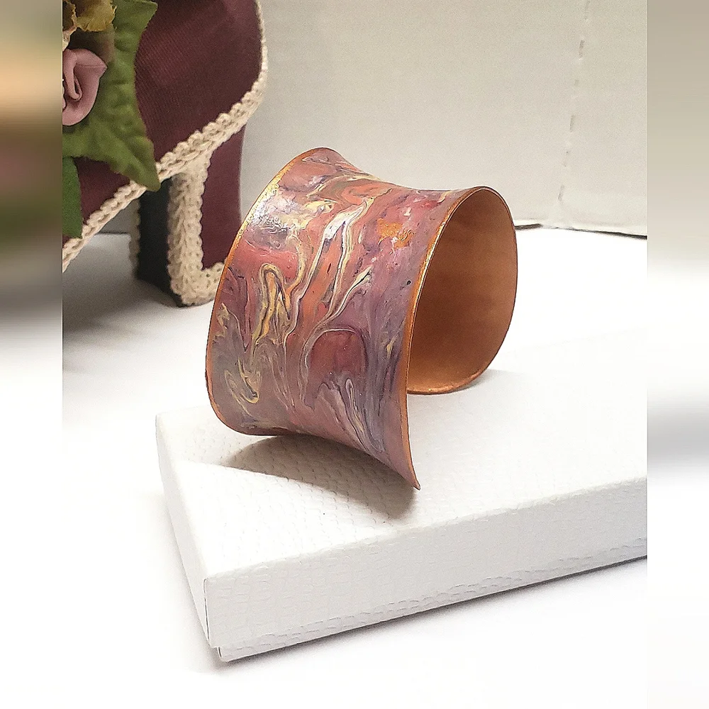 Hand Painted Acrylic Pour Pink Purple & Copper Metallic Swirl Cuff Bracelet