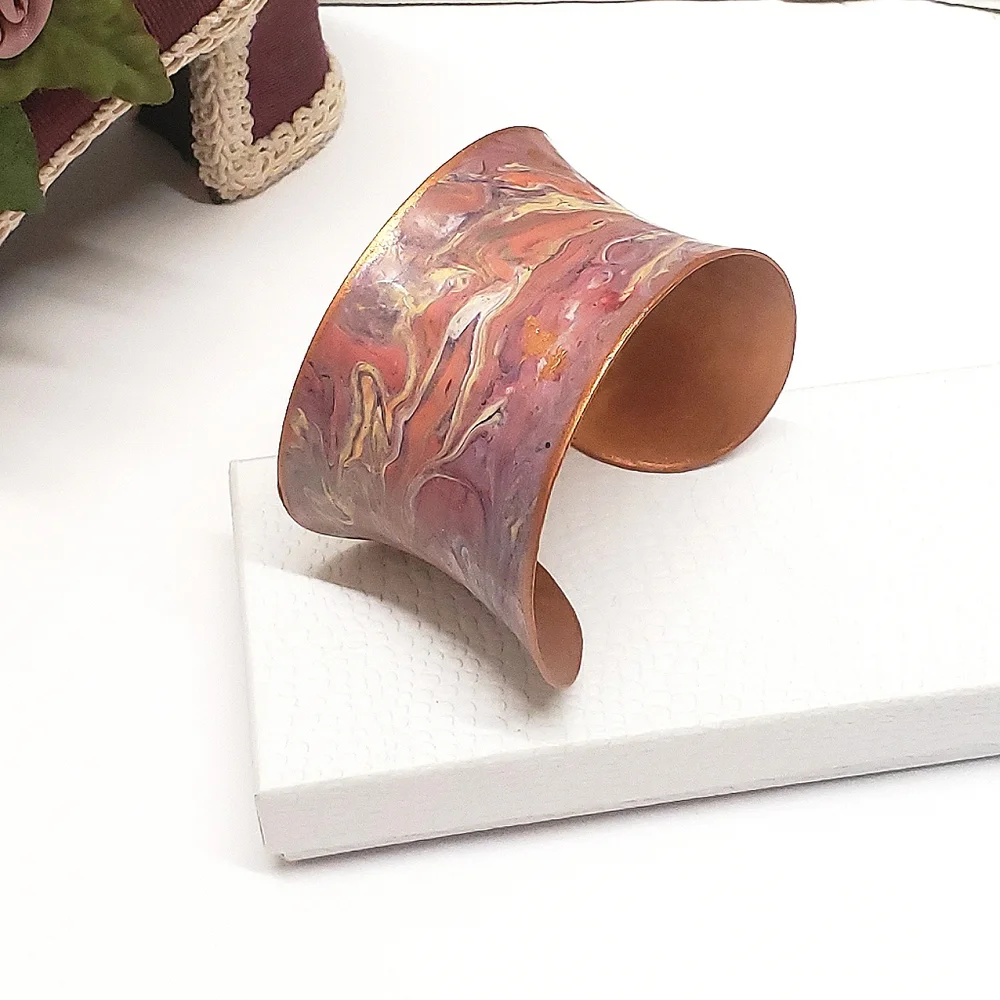 Hand Painted Acrylic Pour Pink Purple & Copper Metallic Swirl Cuff Bracelet