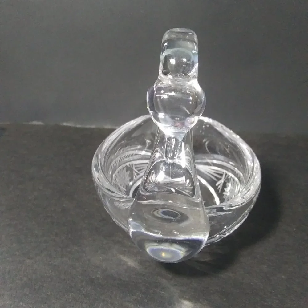 lovely clear glass swan shaped trinket dish with cut design on sides