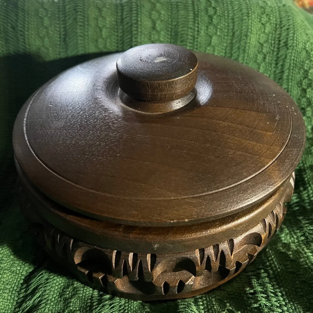 Hand Carved,  Wooden,  Round, Bulgarian, Storage Box, with Lid