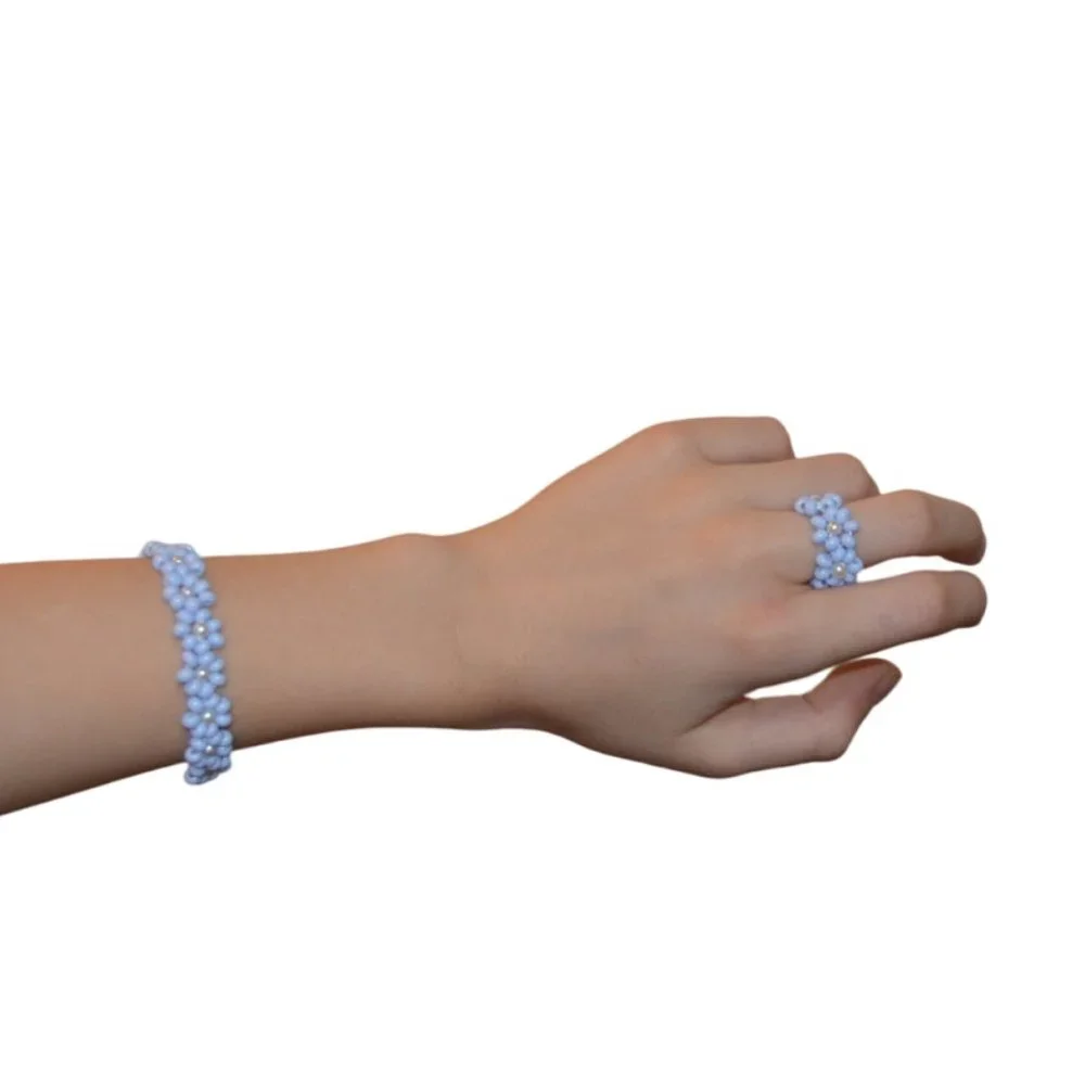 Handmade Set of Bracelet and Ring Girls Purple flower Seed beads Elastic