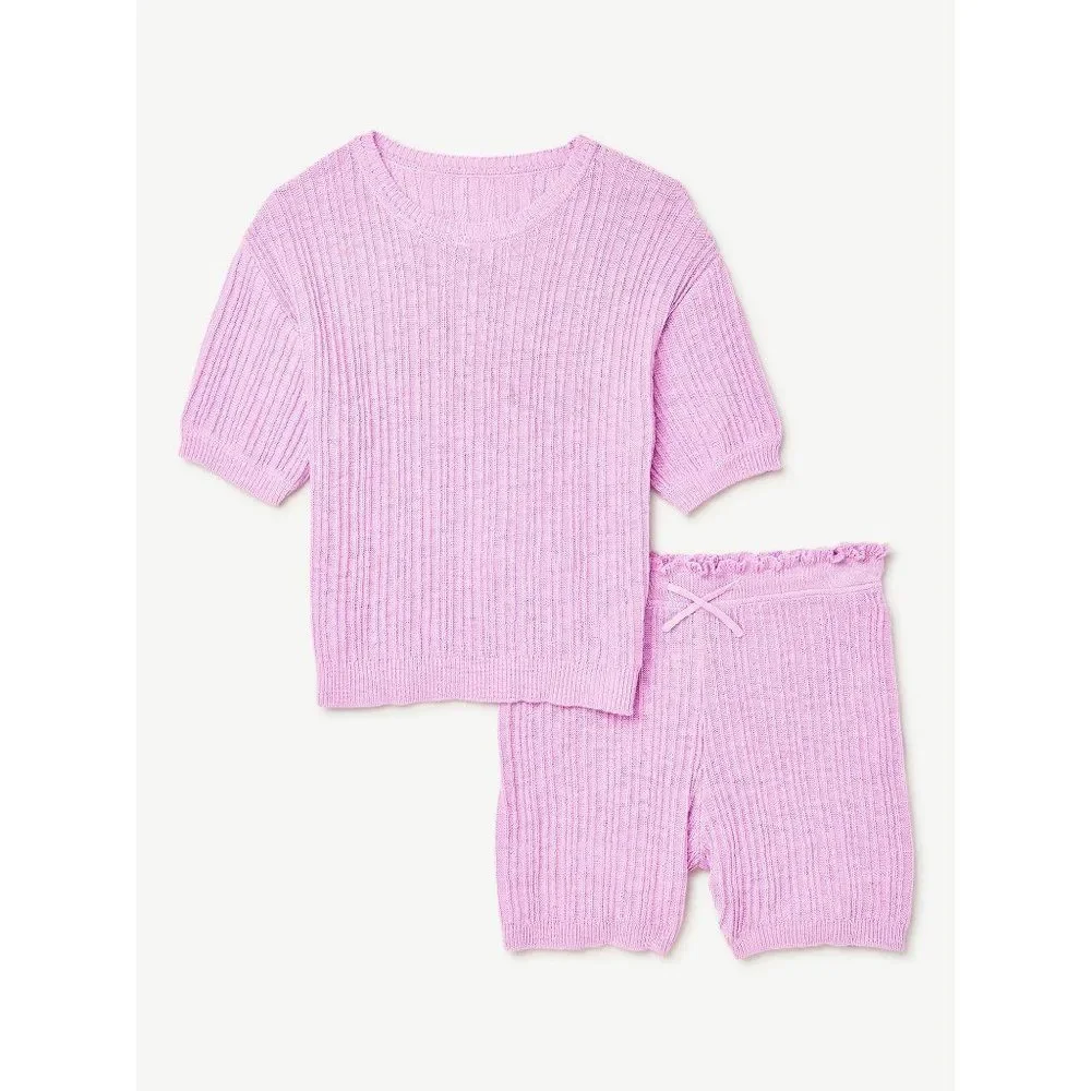 Pink  Variegated Rib Sweater T-Shirt and Shorts