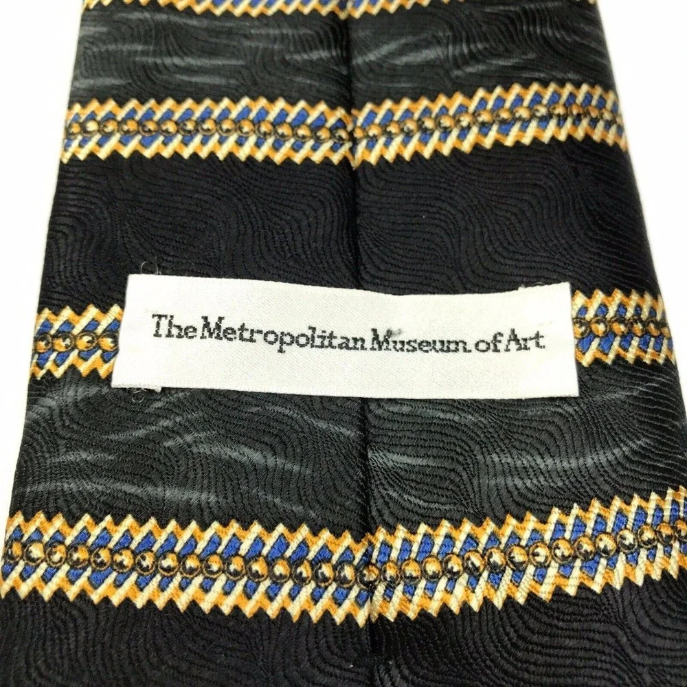 Metropolitan Museum Of Art Black Gray Blue Yellow Abstract Striped Silk Necktie