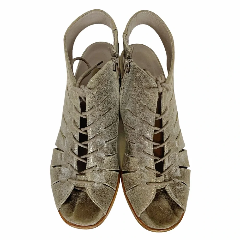 COSMO Paul Green Silver Metallic Cutout Leather Lace-up Peep Toe Ankle Bootie