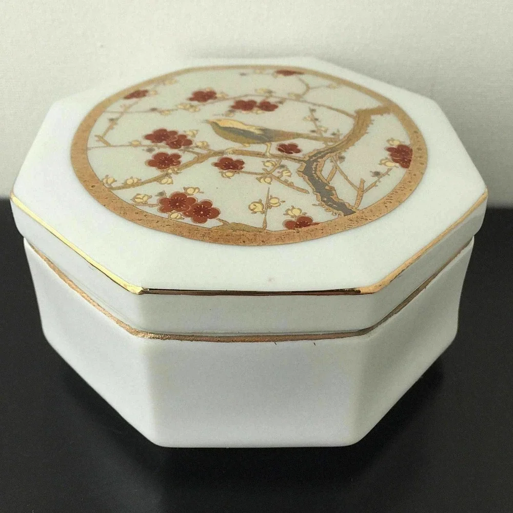 VTG Singing Bird Octagonal Trinket Jewelry Box Ceramic White Gold Red Japan
