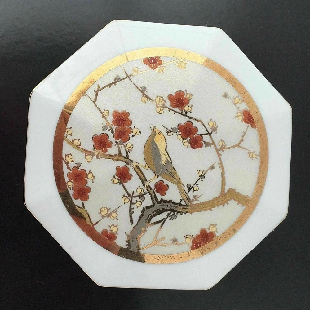 VTG Singing Bird Octagonal Trinket Jewelry Box Ceramic White Gold Red Japan