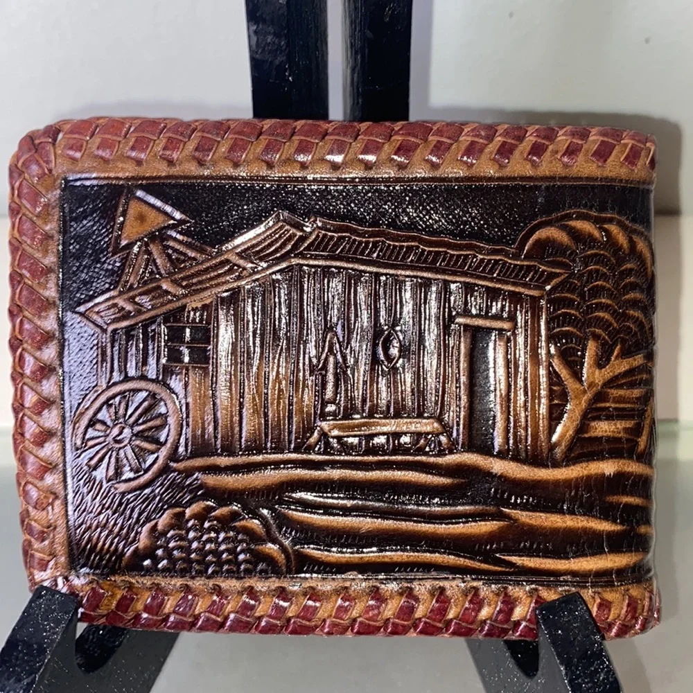 Vintage Tooled Leather Horse & Barn Country Western Wallet Billfold