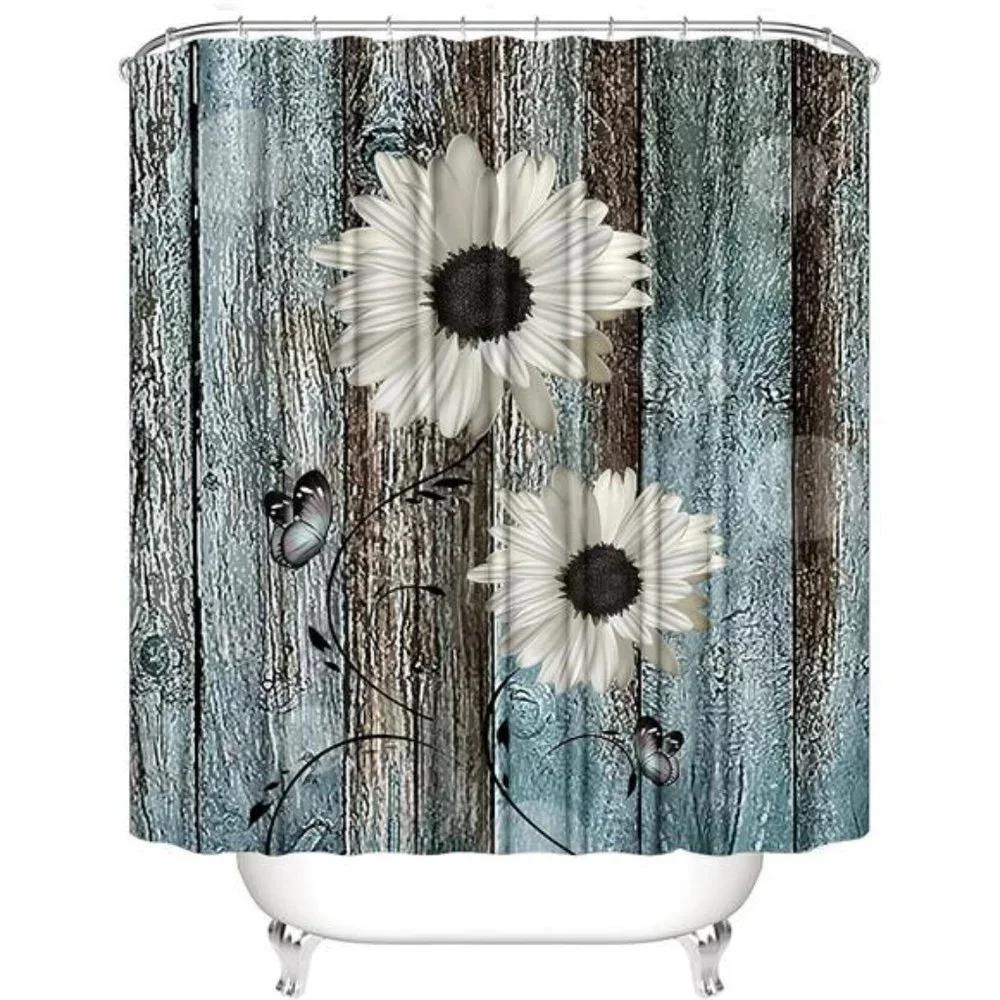 White Daisy Flower Shower CurtainSets with Rugs 4Piece Rustic Flower Floral Wood