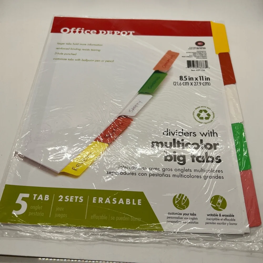 NWT Office Depot dividers with multicolor big tabs, 10 tabs in total. erasable