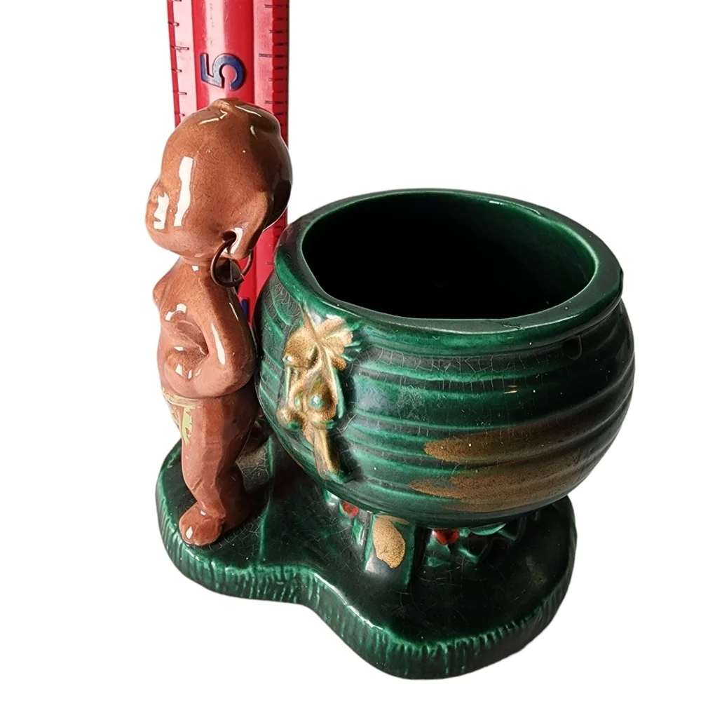 VINTAGE Green Brown Ceramic African Woman Figure Planter Pot