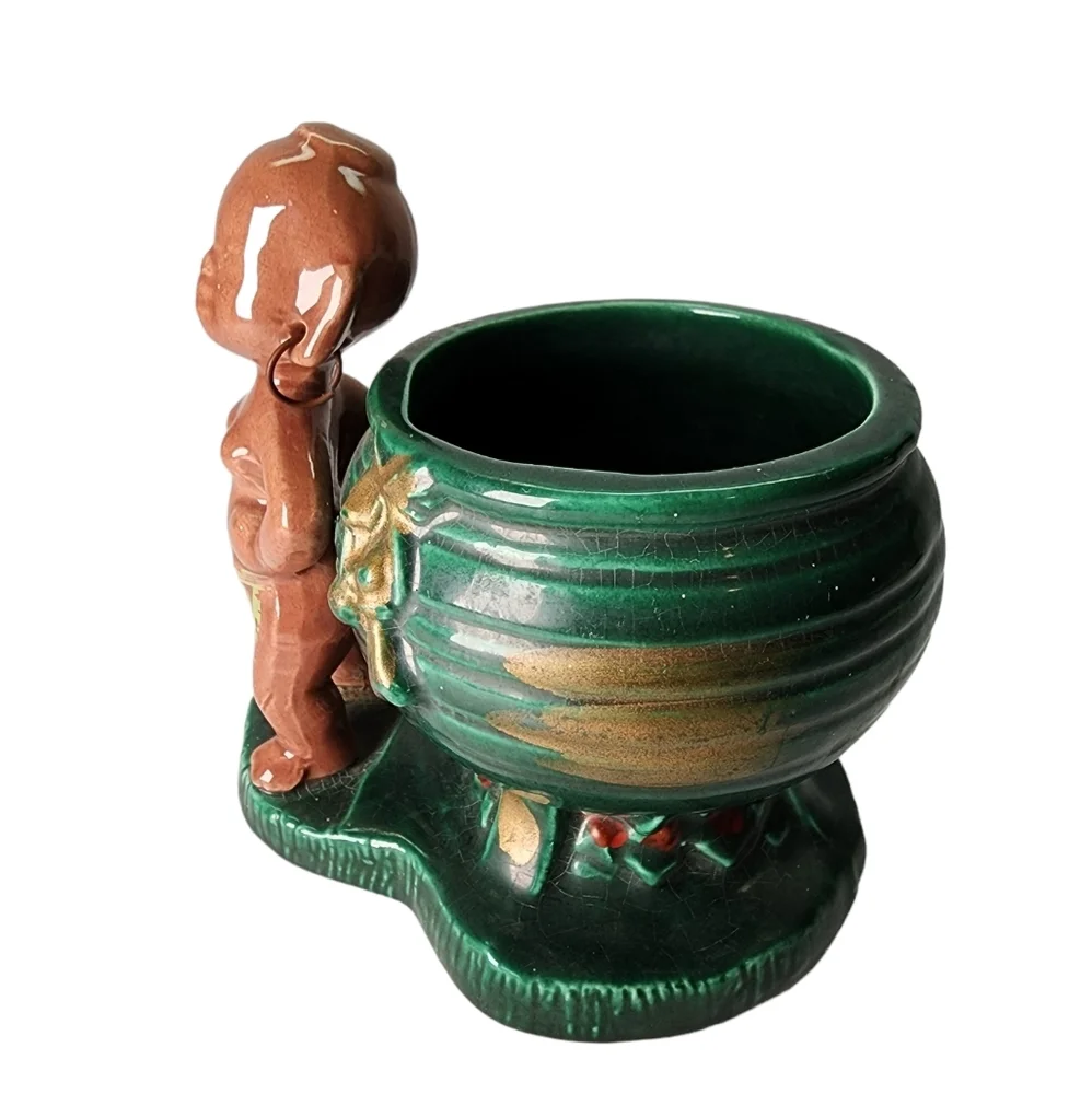 VINTAGE Green Brown Ceramic African Woman Figure Planter Pot