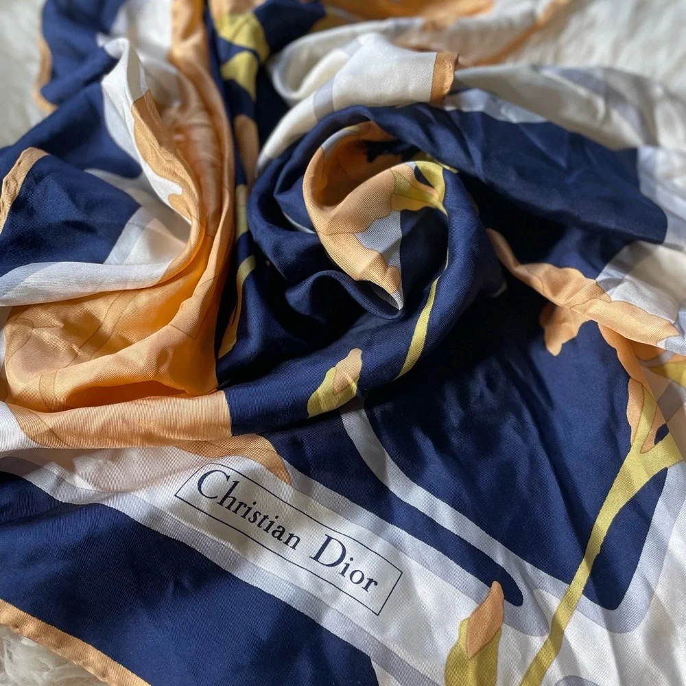 Vintage 70s Christian Dior 100% silk scarf abstract Iris design and logo large