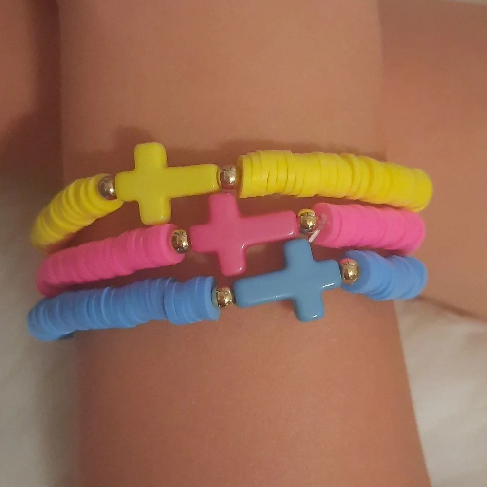 Kids Stackable Clay Beaded Bracelet with Cross-3 Pcs Set