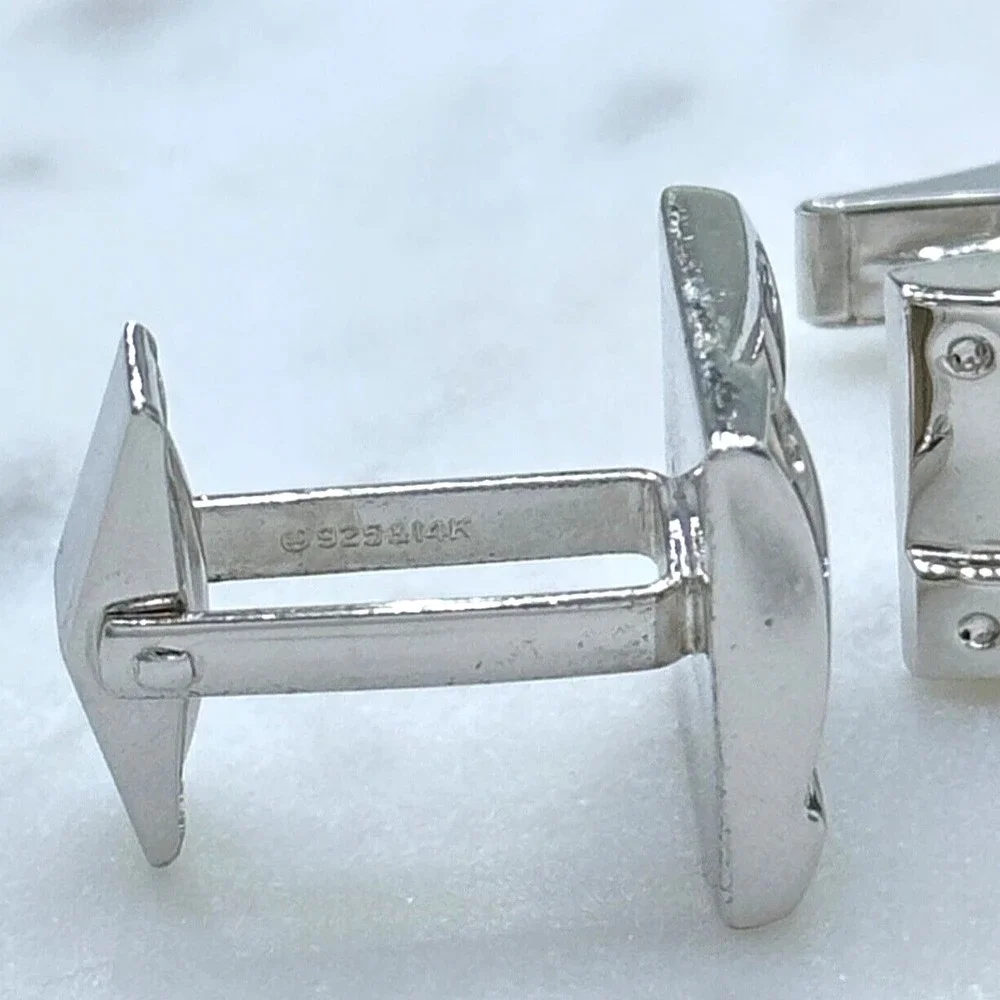 925 Silver Trim & 14K Gold Center Rectangle Elegant Formal Whale Back Cufflinks