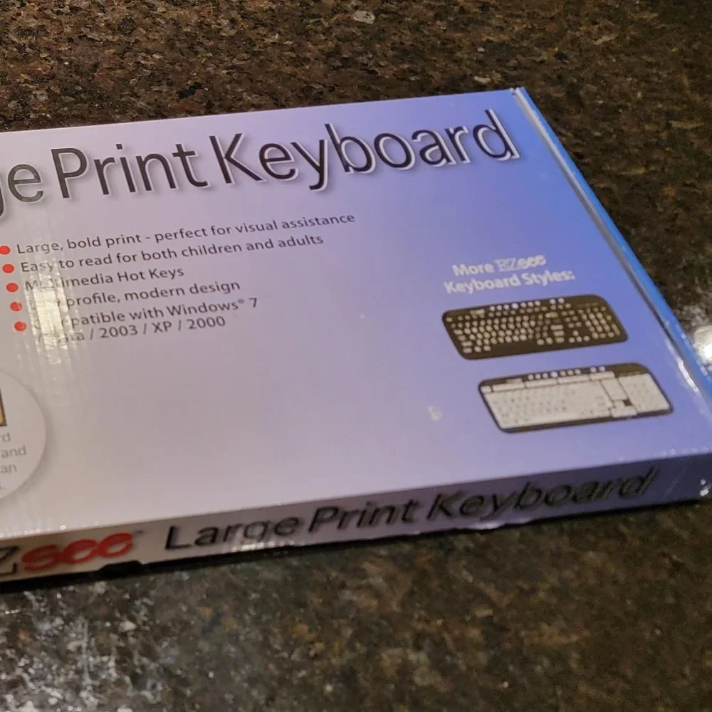 EZ SEE Large Print Keyboard-White Keys on Black Background-NIB