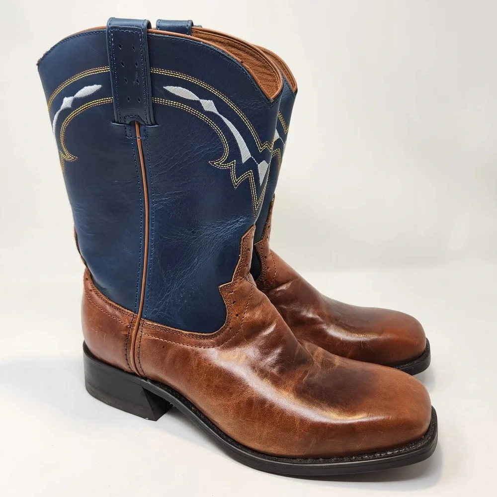 Road Wolf Mens Blue Brown Leather Western Cowboy Boots 8 M Broad Square Toe