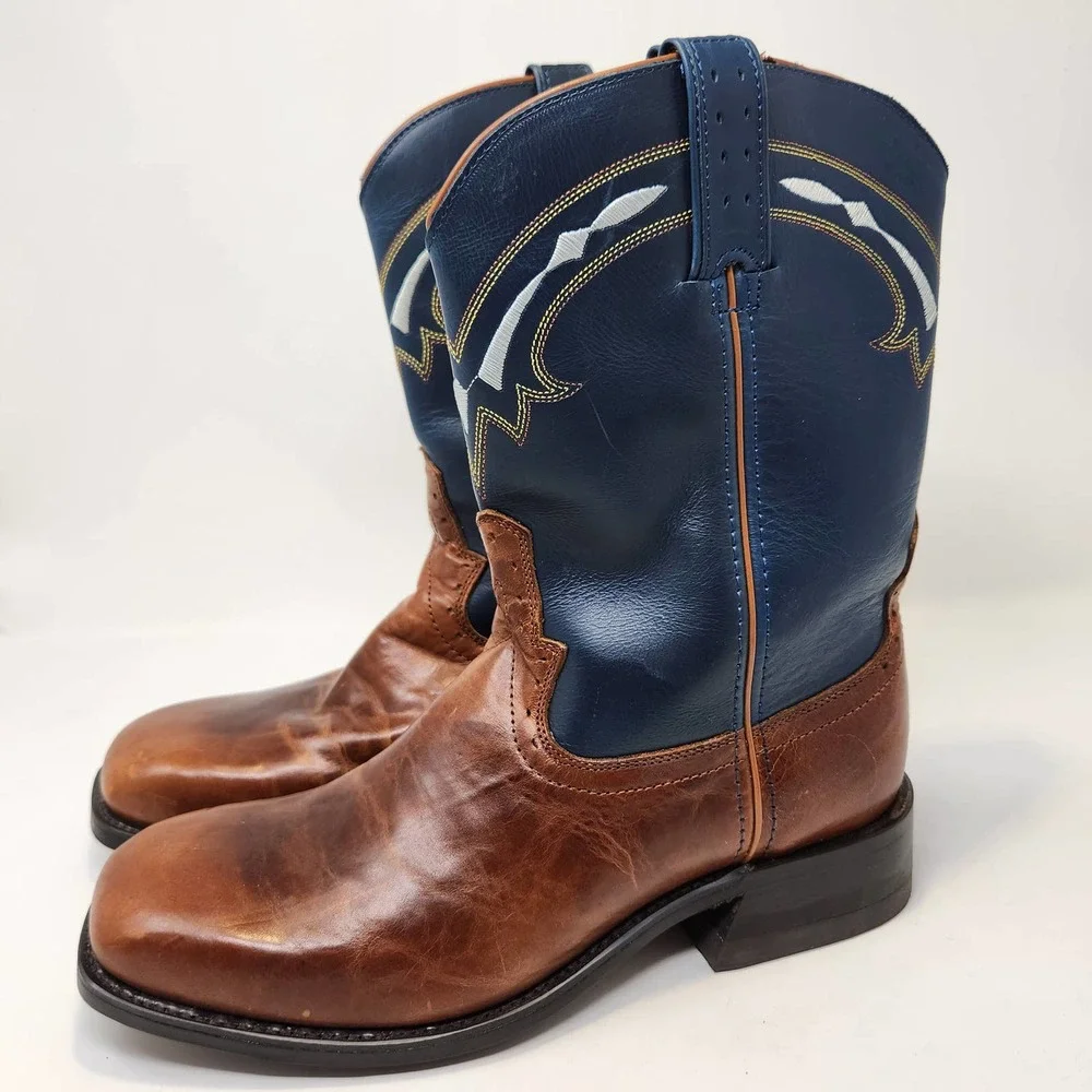 Road Wolf Mens Blue Brown Leather Western Cowboy Boots 8 M Broad Square Toe