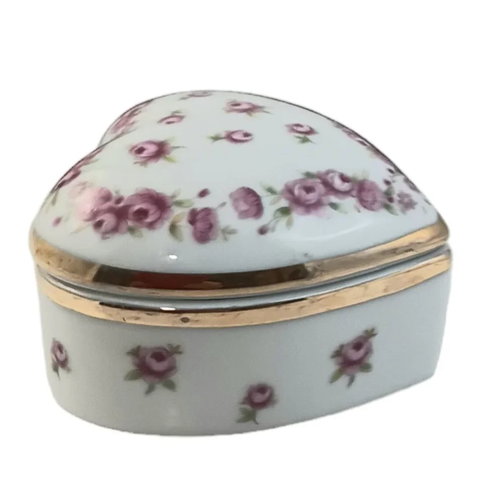 Lefton Heart Shaped Trinket Box Pink Flowers Gold Trim Jewlery Box