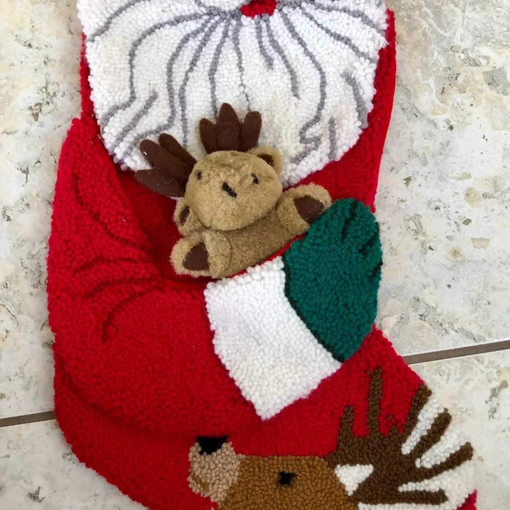 Vintage 3D Santa Reindeer SUPER Plush Quilted Christmas Stocking 20