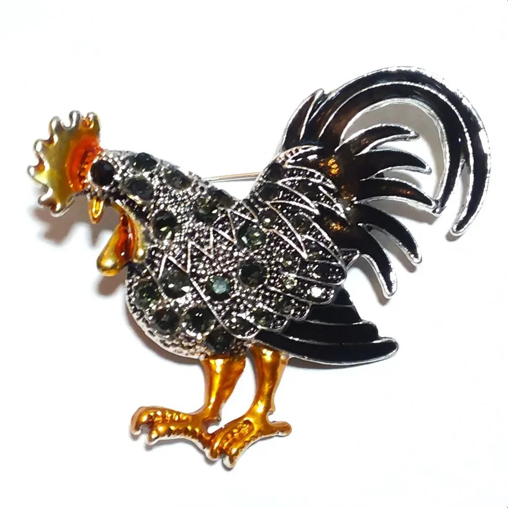 Chicken Rooster Brooch Rhinestone black rooster