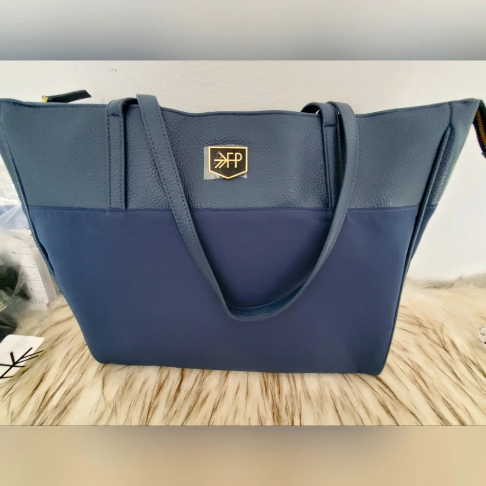 Freshly Picked Everyday Tote Diaper Bag Navy Blue Faux Leather Insulated Pocket