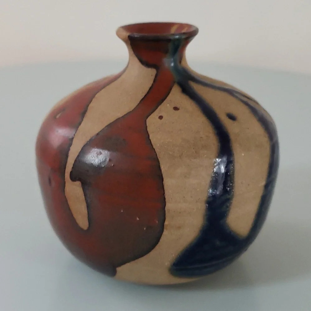 Vintage Vase MCM OMC Japan Pottery mini Glazed Stripes in Tan Brown Blue