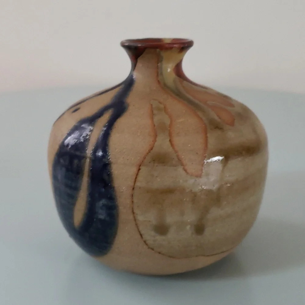 Vintage Vase MCM OMC Japan Pottery mini Glazed Stripes in Tan Brown Blue