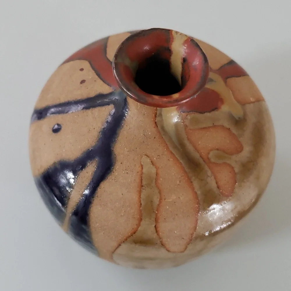 Vintage Vase MCM OMC Japan Pottery mini Glazed Stripes in Tan Brown Blue