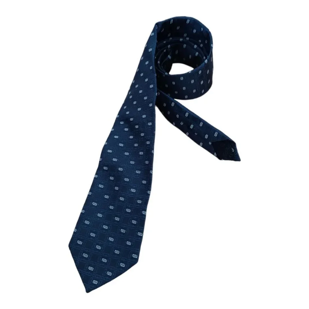 VERSACE Current Blue Geometric Monogrammed Logo Silk Tie ITALY 59