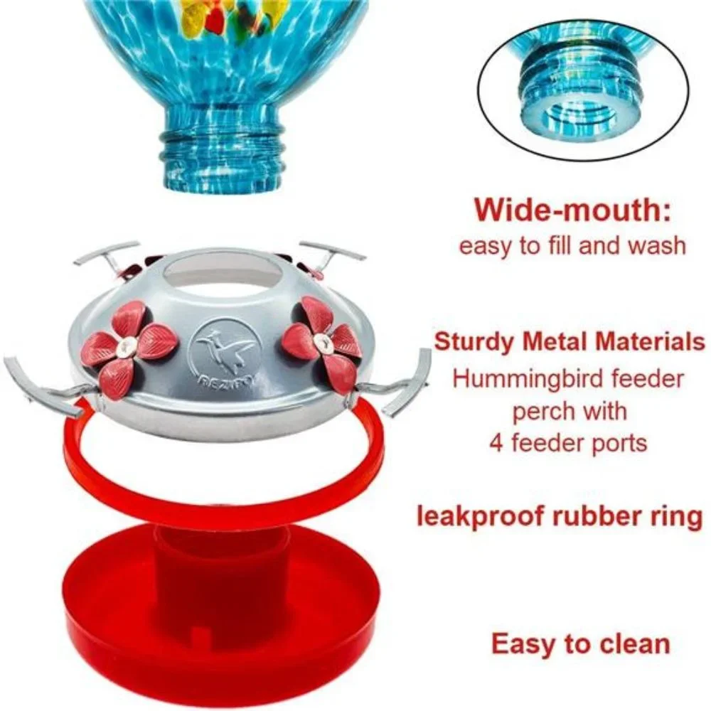 Hummingbird Feeder with Perch - Hand Blown Glass - Blue - 38 Fluid Ounces