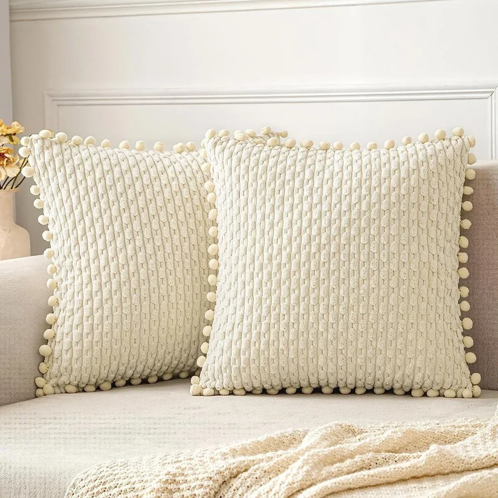 Pompom Cream Stripe Texture Corduroy Farmhouse Cute Luxury Soft Pillow Cover Set