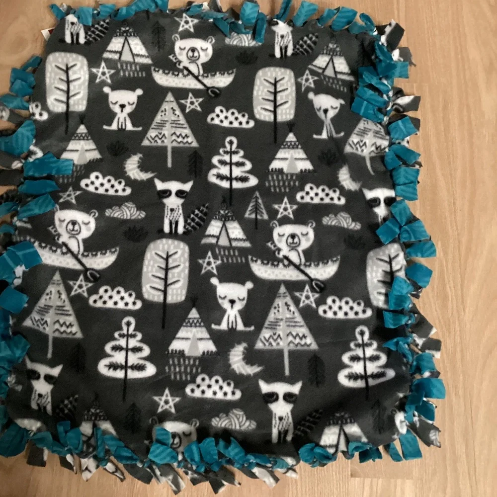 Handmade fleece tie blanket - Size 23”x28” - Woodland Bears Trees